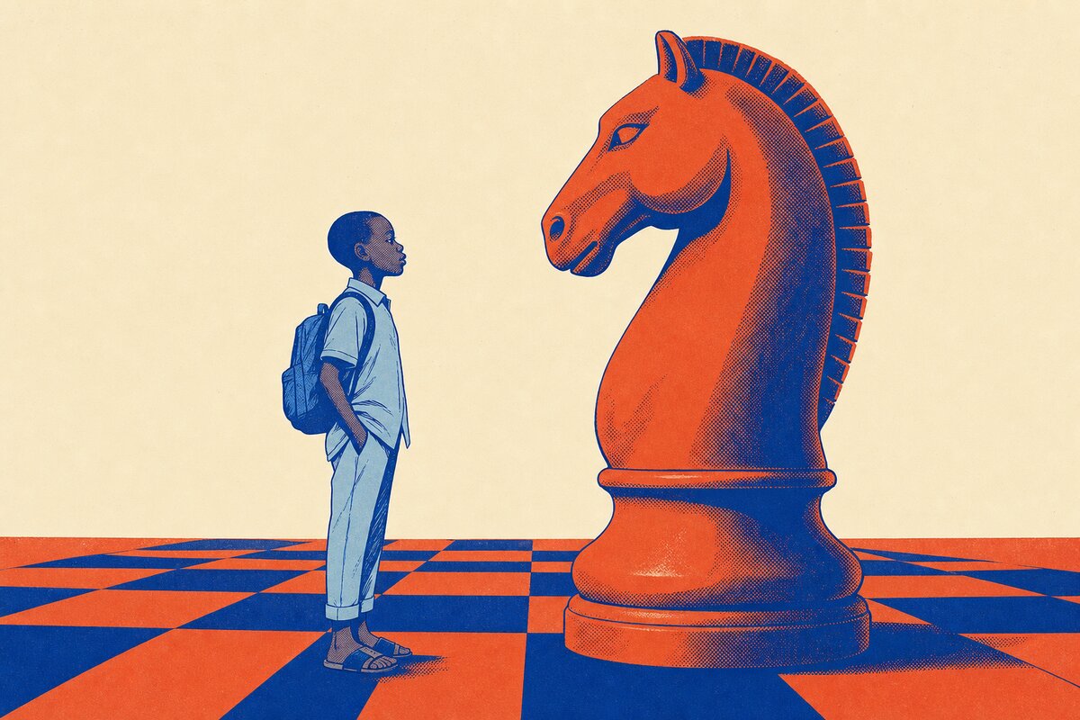 Illustration : un élève face à un cavalier d'échecs géant