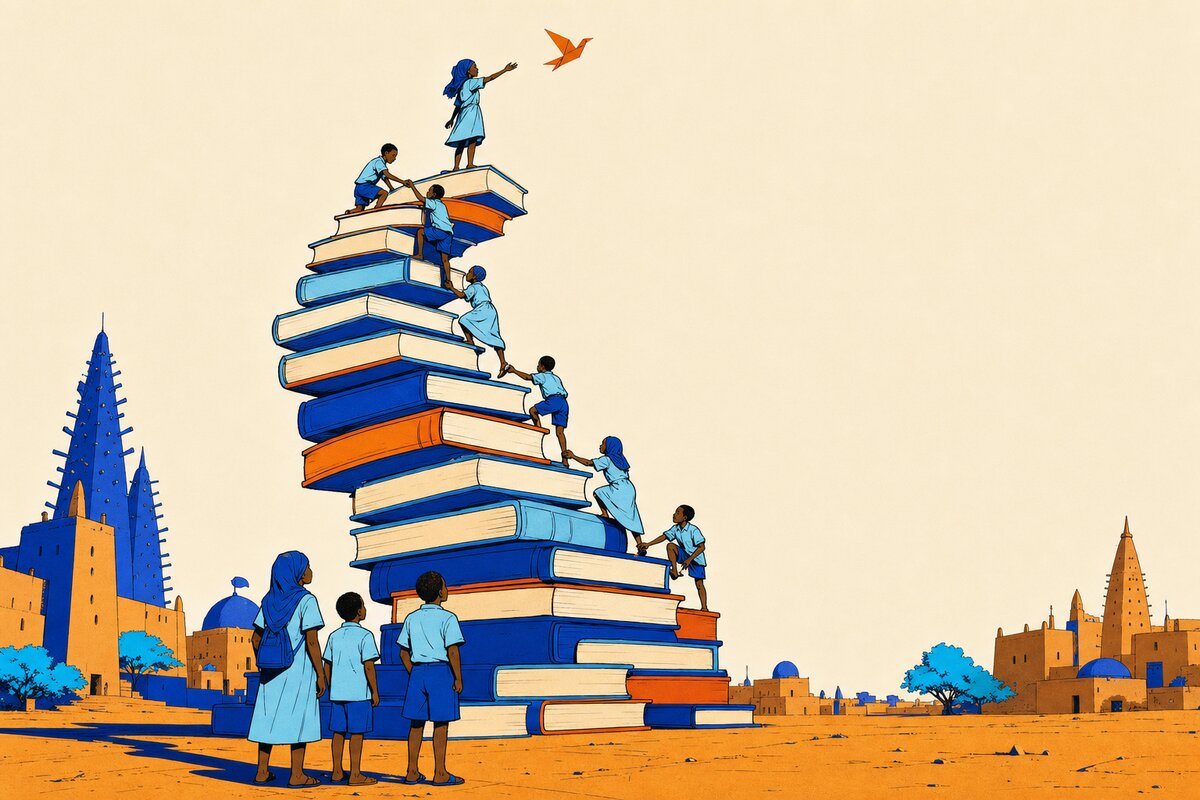 Illustration : des élèves escaladent une tour de livres